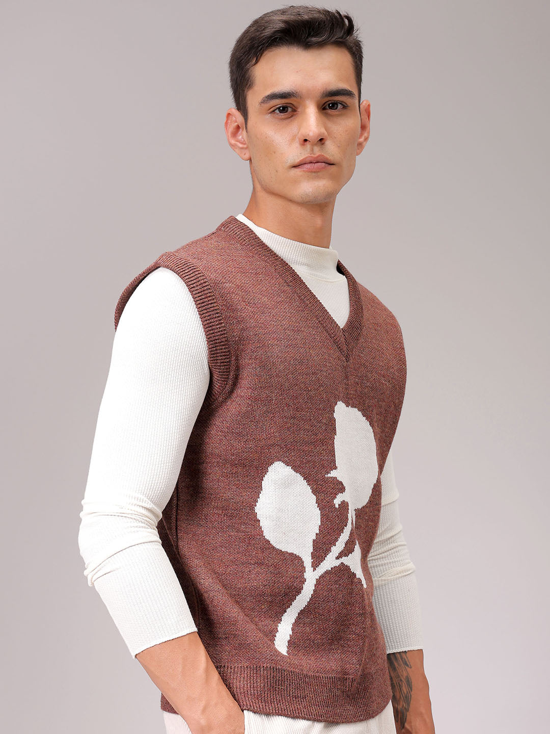 Men's Brown Relaxed Fit Floral Sweater