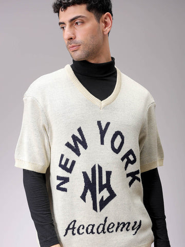 Men's Cream Boxy Fit Slogan V-Neck Sweater