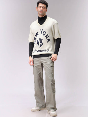 Men's Cream Boxy Fit Slogan V-Neck Sweater