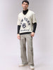 Men's Cream Boxy Fit Slogan V-Neck Sweater