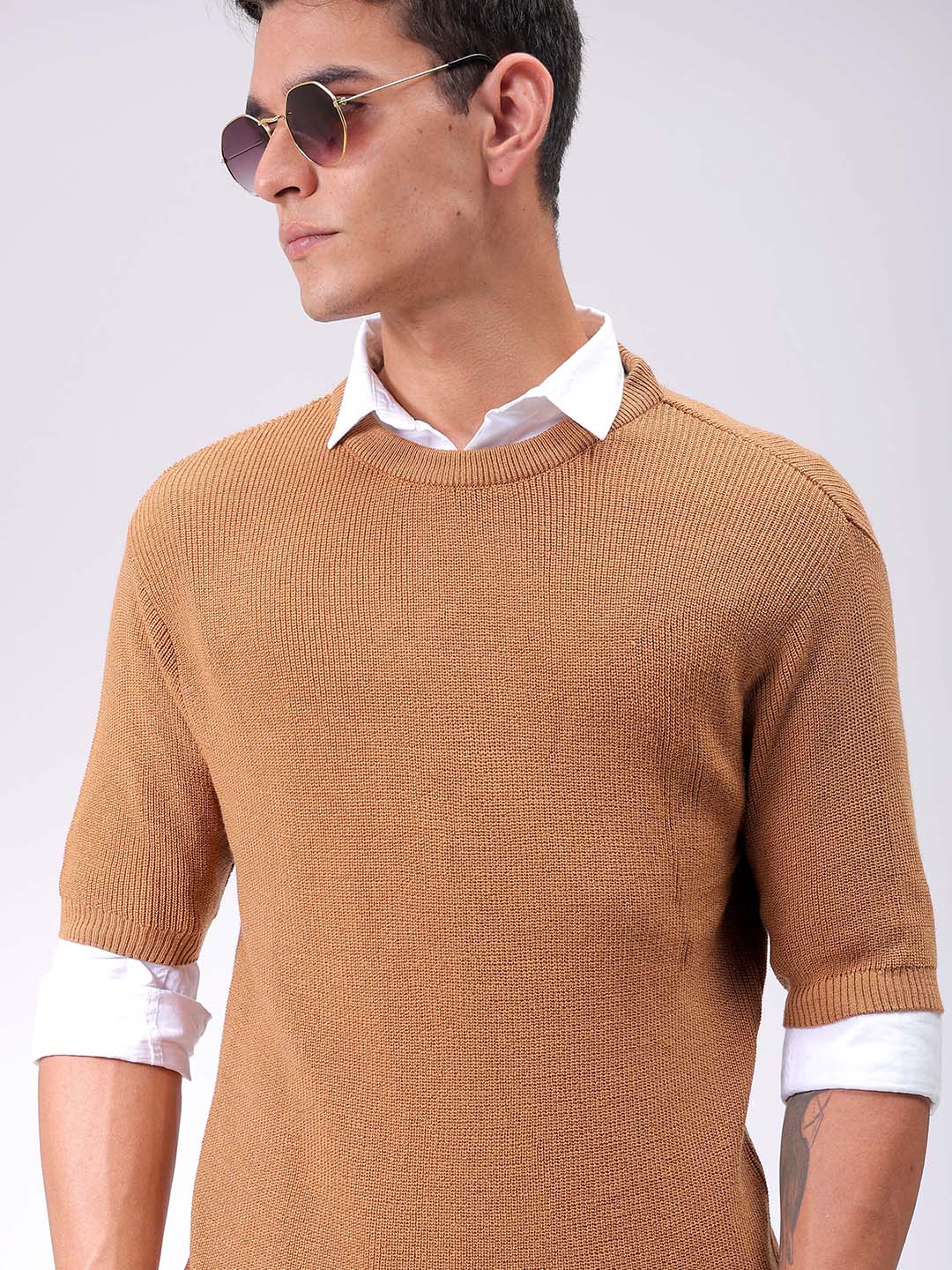 Men's Beige Relaxed Fit Textured Crew Neck Sweater