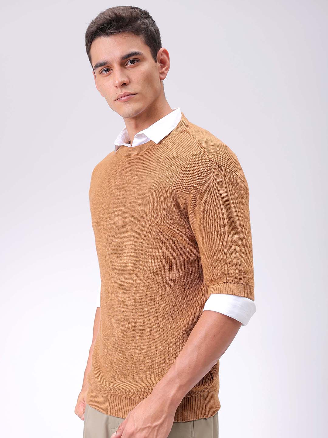 Men's Beige Relaxed Fit Textured Crew Neck Sweater