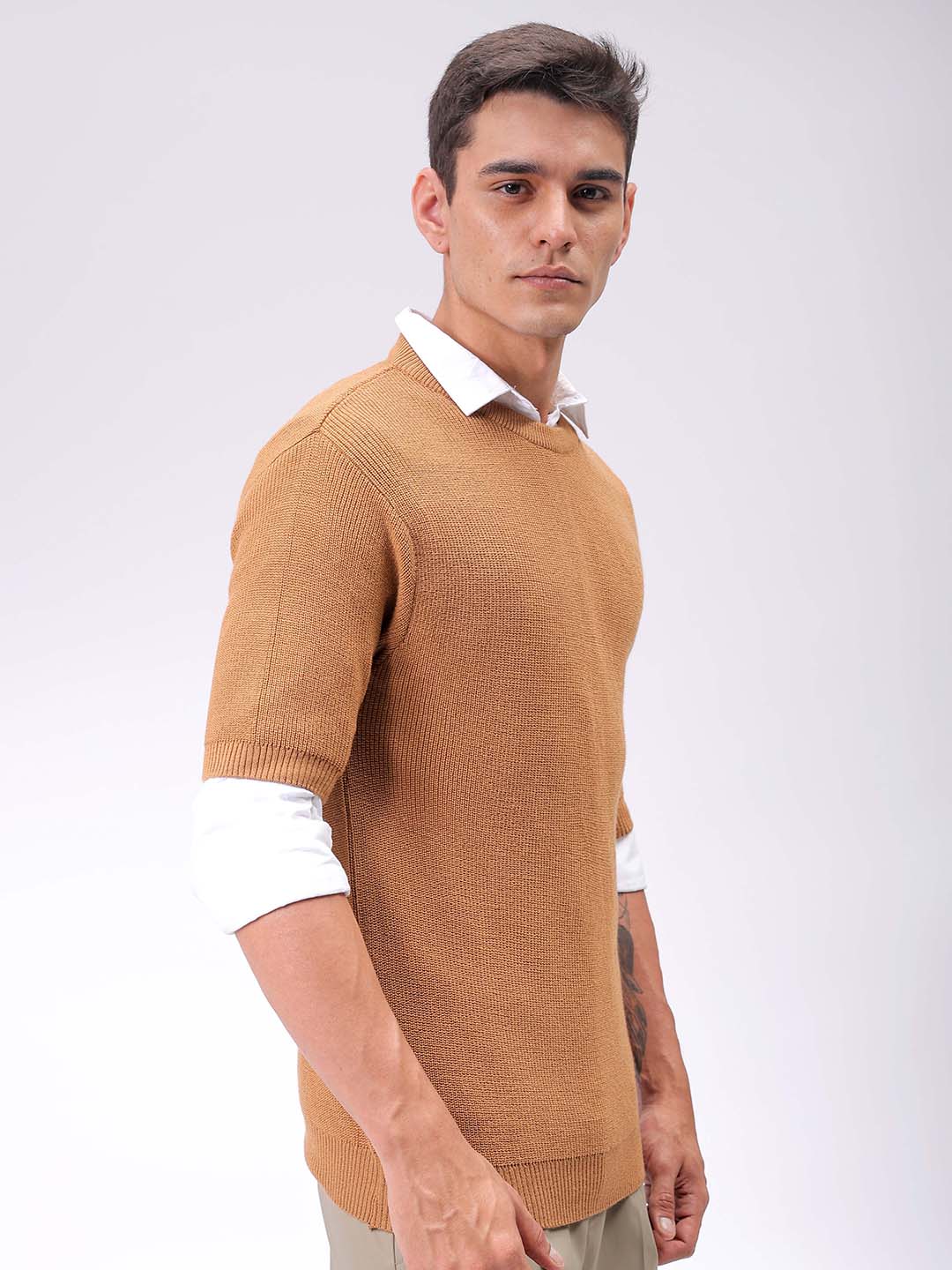 Men's Beige Relaxed Fit Textured Crew Neck Sweater