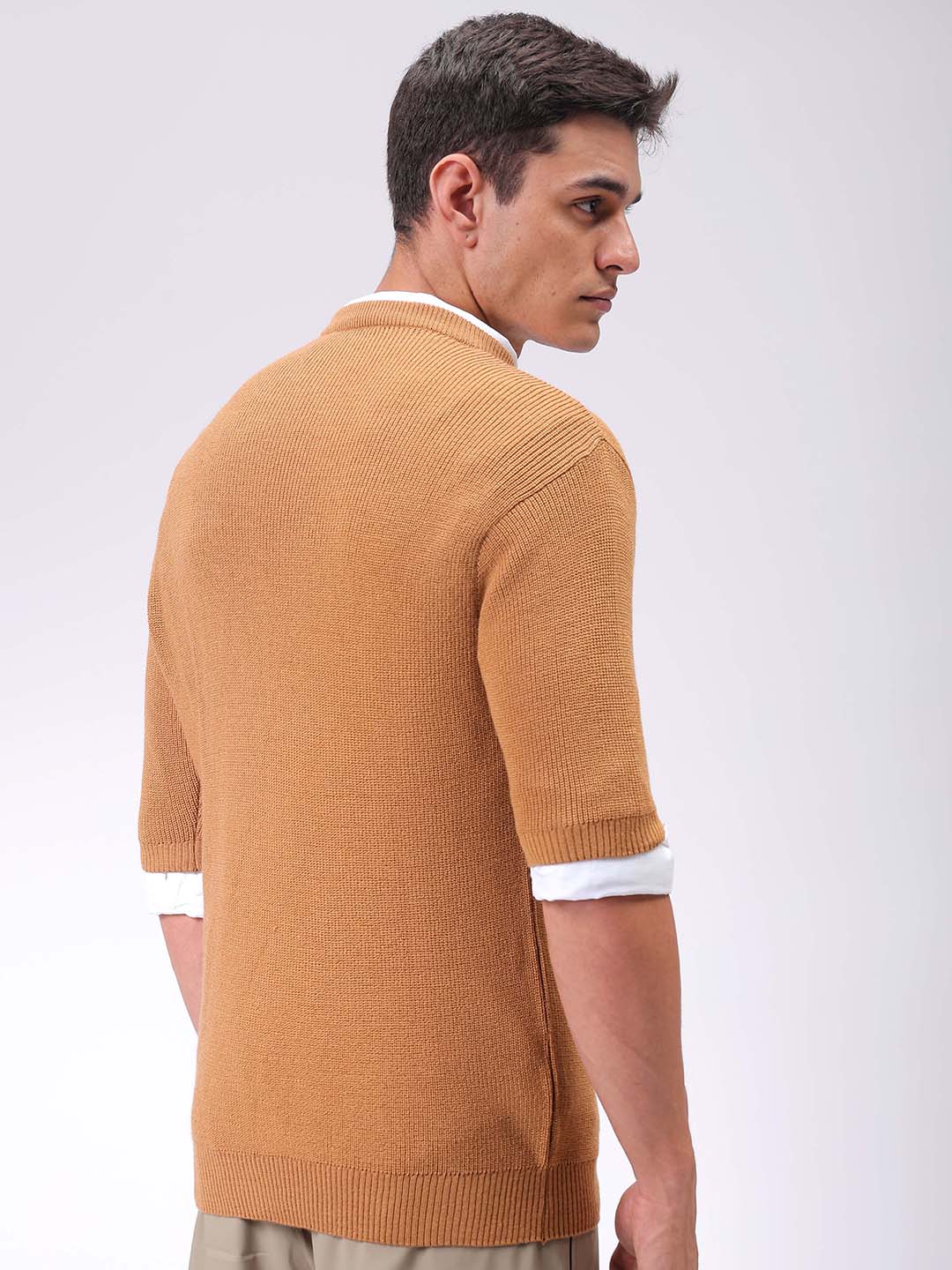 Men's Beige Relaxed Fit Textured Crew Neck Sweater