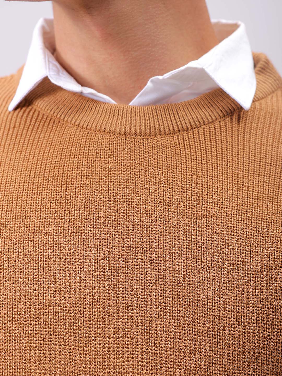 Men's Beige Relaxed Fit Textured Crew Neck Sweater