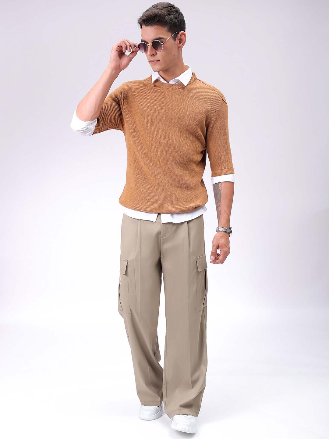 Men's Beige Relaxed Fit Textured Crew Neck Sweater