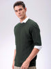 Men's Green Relaxed Fit Textured Crew Neck Sweater