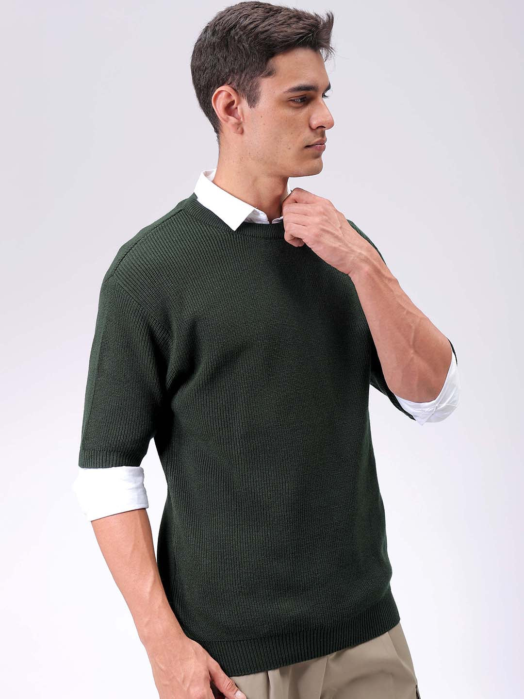 Men's Green Relaxed Fit Textured Crew Neck Sweater