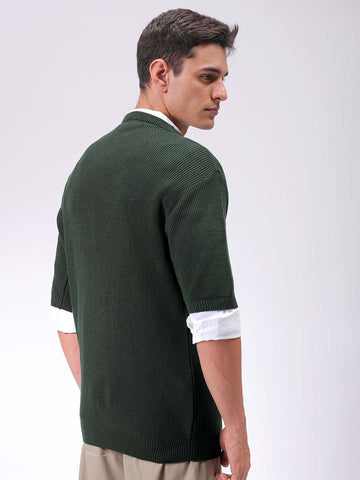 Men's Green Relaxed Fit Textured Crew Neck Sweater