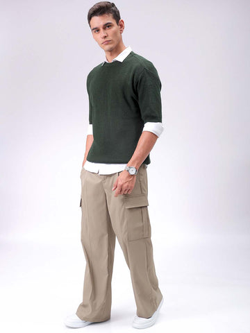 Men's Green Relaxed Fit Textured Crew Neck Sweater