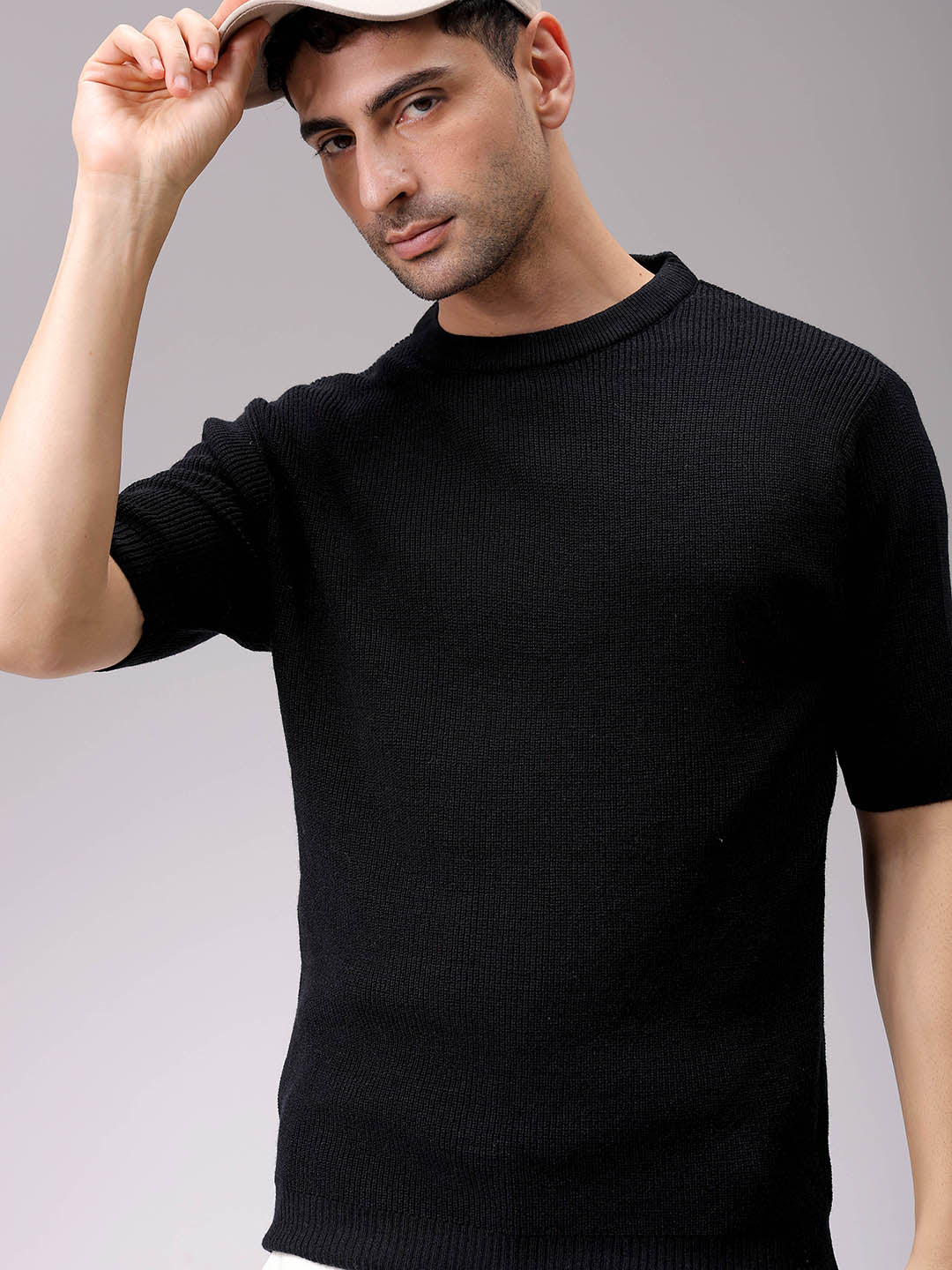 Men's Black Relaxed Fit Textured Crew Neck Sweater