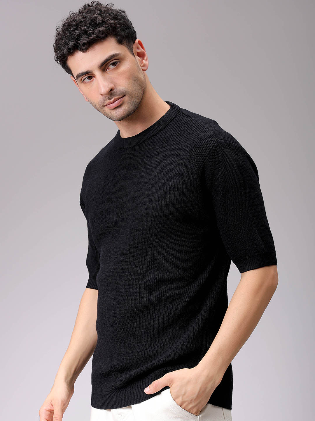 Men's Black Relaxed Fit Textured Crew Neck Sweater