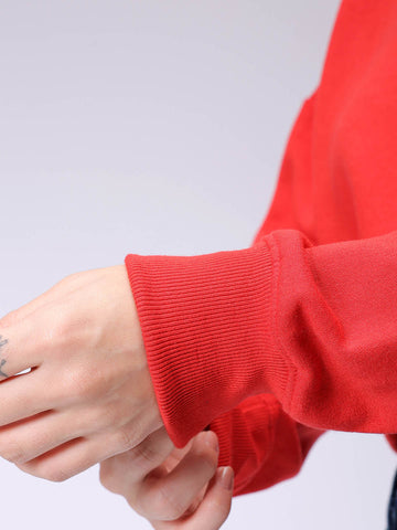 Women's Red Loose Fit Solid Cropped Sweatshirt
