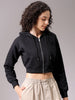 Women's Black Relaxed Fit Solid Cropped Front Open Sweatshirt