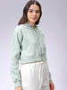 Women's Green Relaxed Fit Solid Front Open Zipper Sweatshirt
