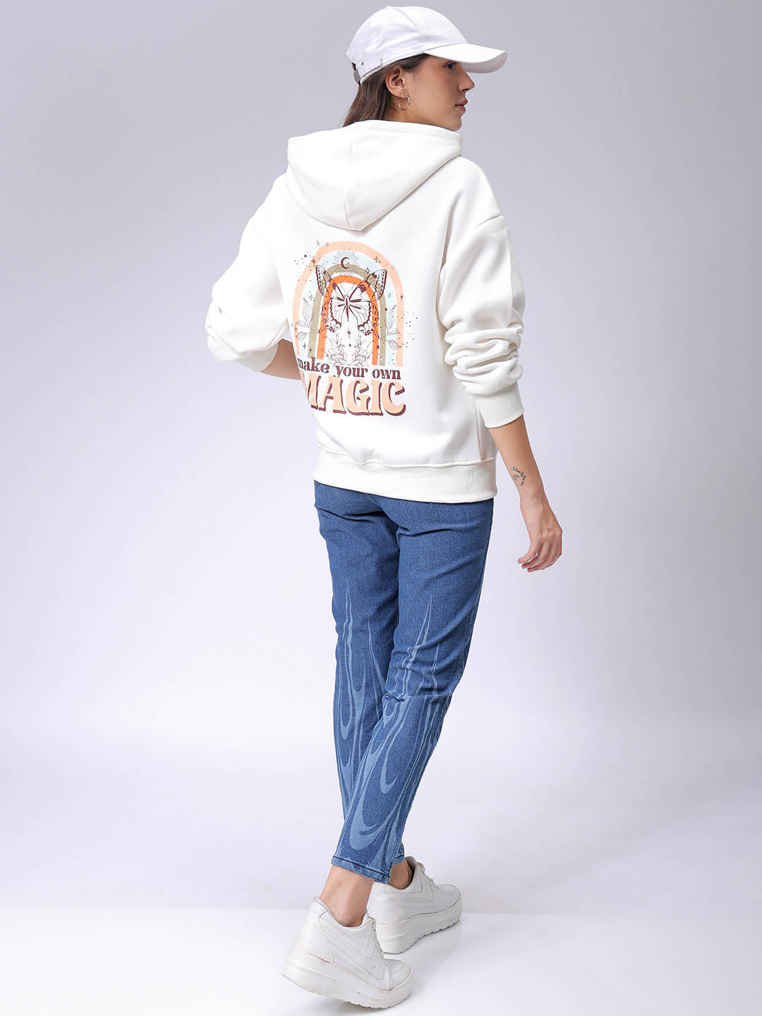 Women's White Boxy Fit Graphic Hooded Sweatshirt