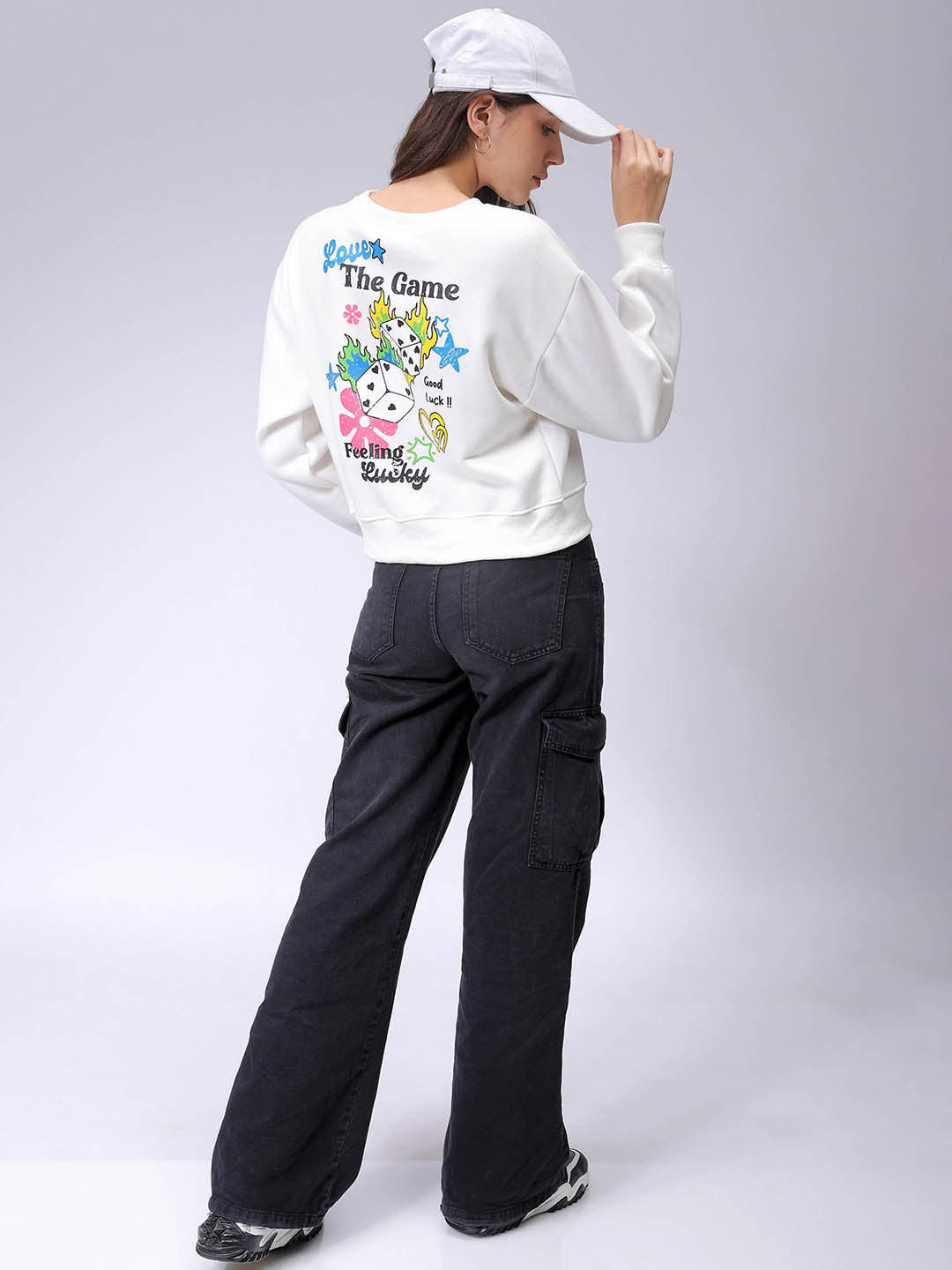 Women's White Regular Fit Graphic Crewneck Sweatshirt