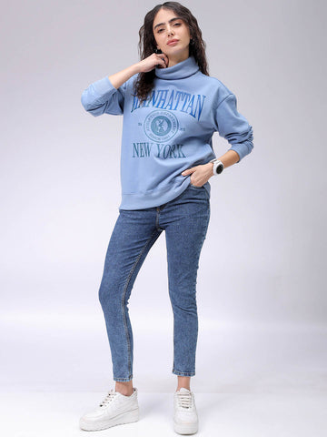 Women's Blue Boxy Typographic Oversized Sweatshirt