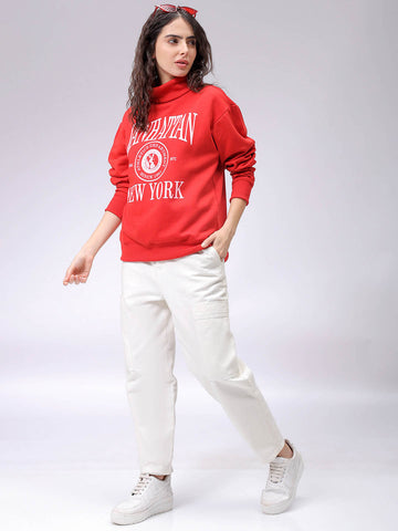Women's Red Boxy Typographic Oversized Sweatshirt