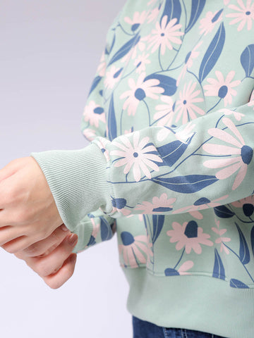 Women's Green Relaxed Fit Floral Crewneck Sweatshirt