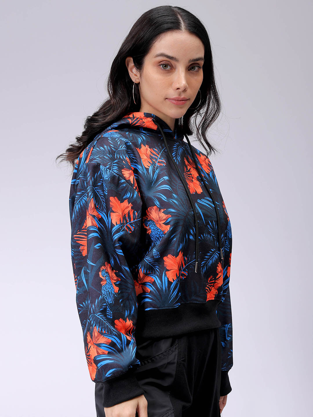 Women's Black Relaxed Fit Floral Hooded Sweatshirt