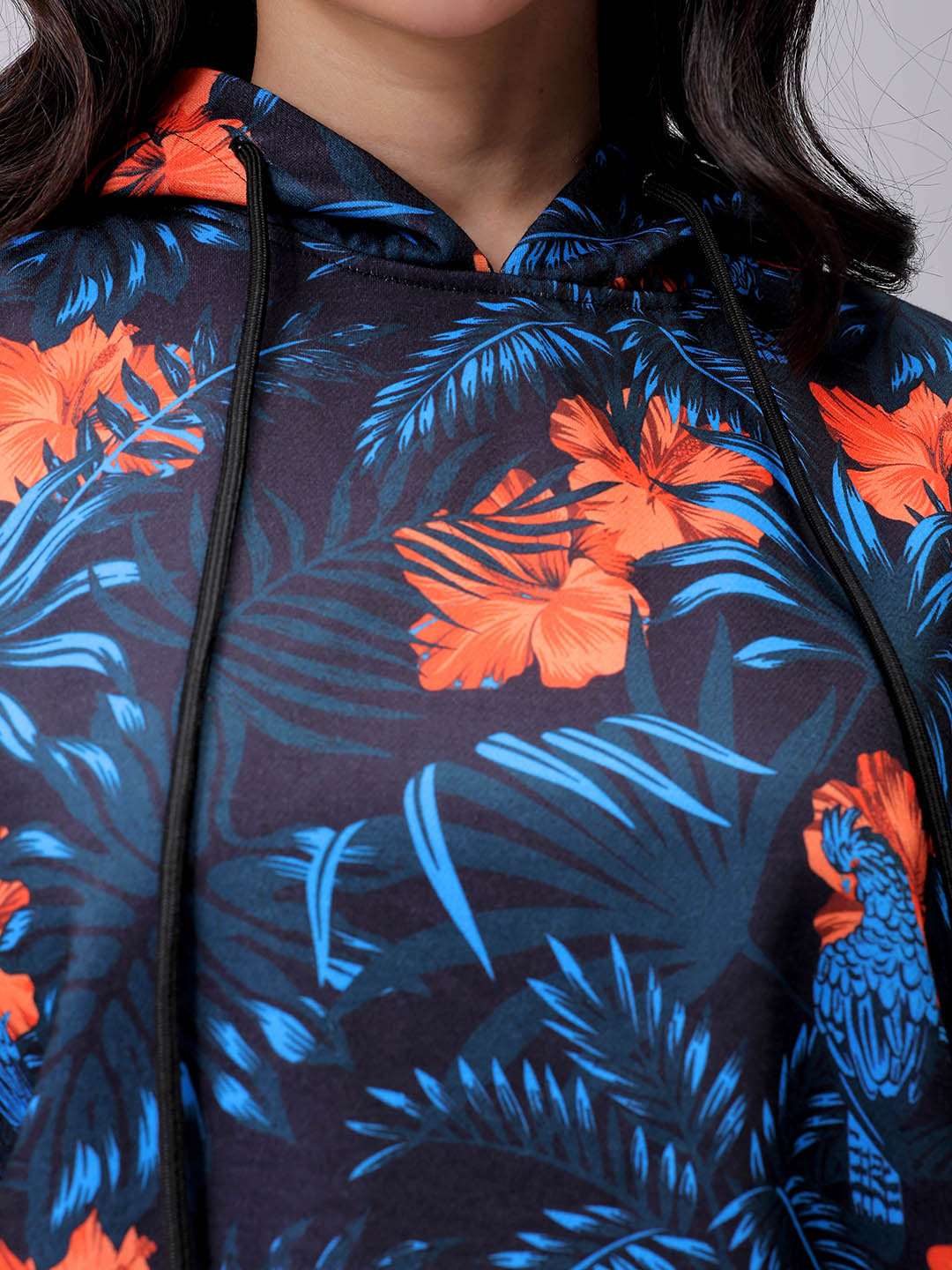 Women's Black Relaxed Fit Floral Hooded Sweatshirt