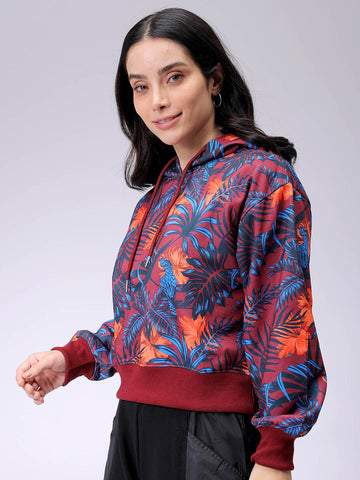 Women's Purple Relaxed Fit Floral Hooded Sweatshirt