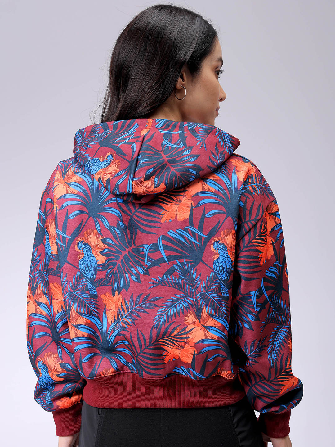 Women's Purple Relaxed Fit Floral Hooded Sweatshirt