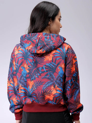 Women's Purple Relaxed Fit Floral Hooded Sweatshirt