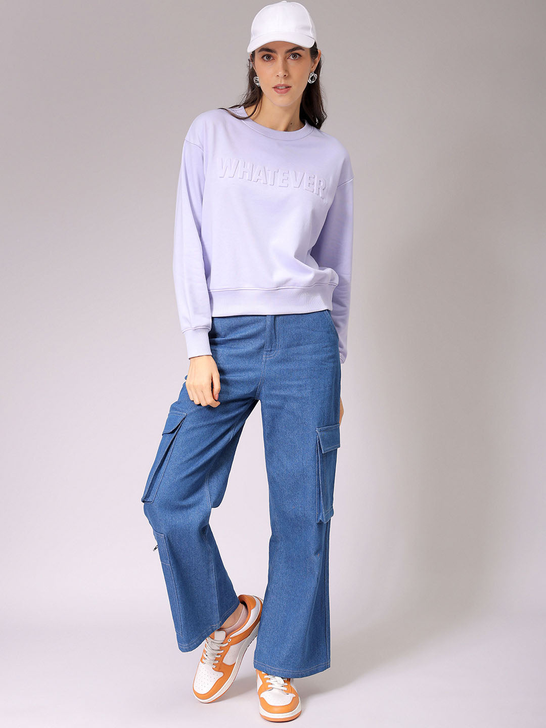 Women's Purple Relaxed Fit Typographic Crewneck Sweatshirt