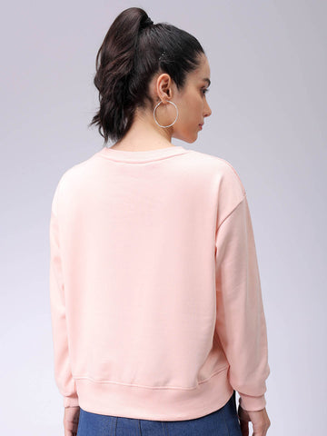 Women's Pink Relaxed Fit Typographic Crewneck Sweatshirt