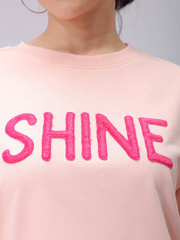 Women's Pink Relaxed Fit Typographic Crewneck Sweatshirt