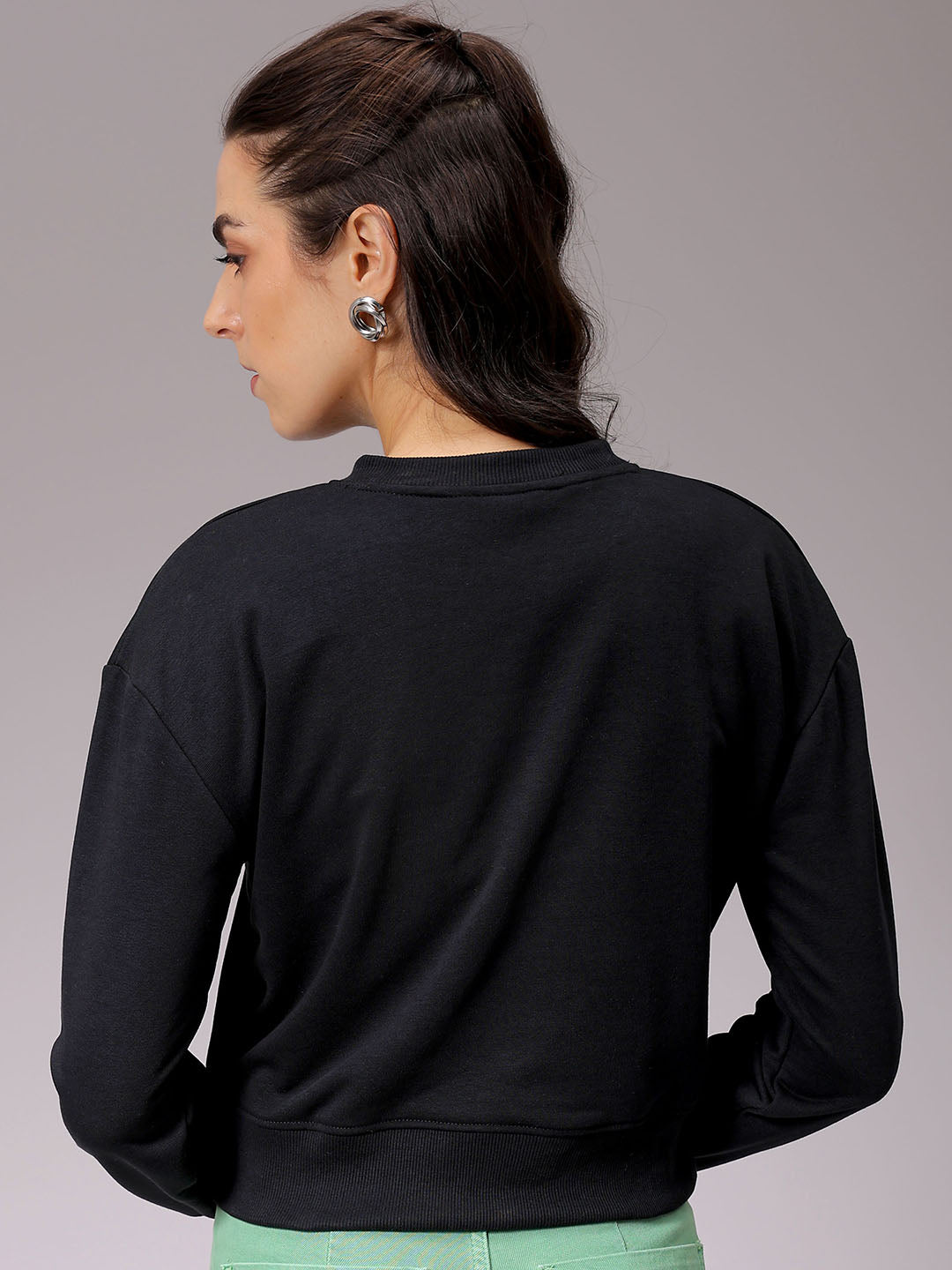 Women's Black Relaxed Fit Holographic Cropped Sweatshirt