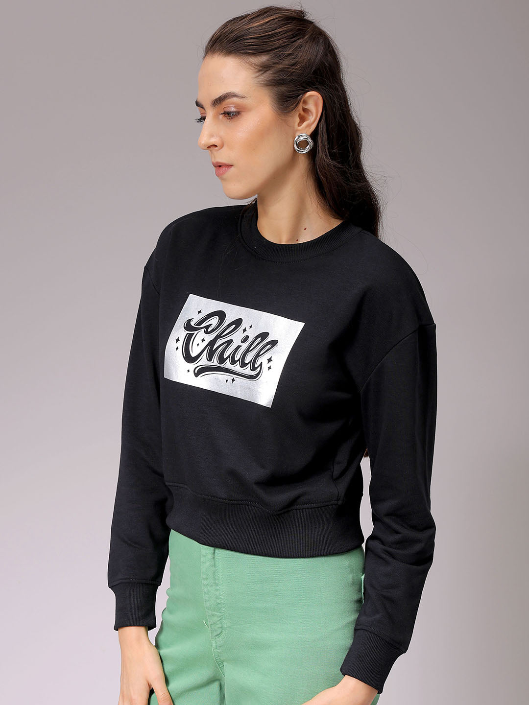Women's Black Relaxed Fit Holographic Cropped Sweatshirt