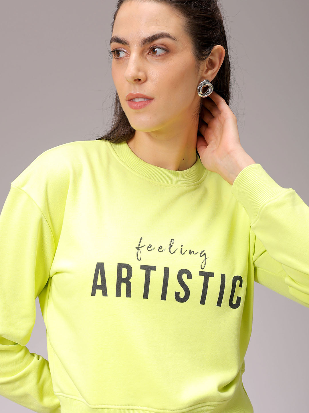 Women's Yellow Relaxed Fit Typographic Cropped Sweatshirt