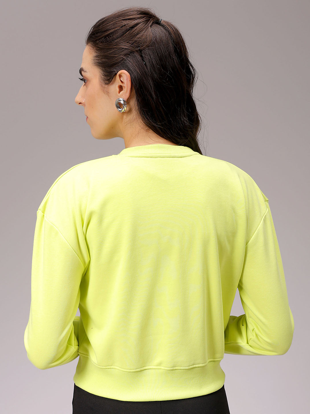 Women's Yellow Relaxed Fit Typographic Cropped Sweatshirt