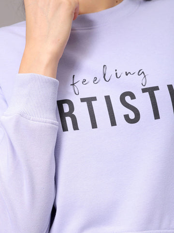 Women's Purple Relaxed Fit Typographic Cropped Sweatshirt