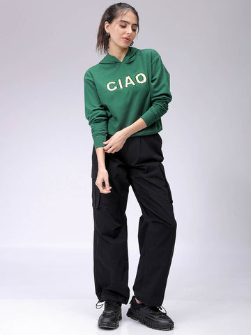 Women's Green Relaxed Fit Placement Embroidered Hooded Sweatshirt