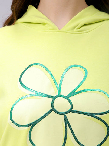 Women's Yellow Relaxed Fit Holographic Hooded Sweatshirt