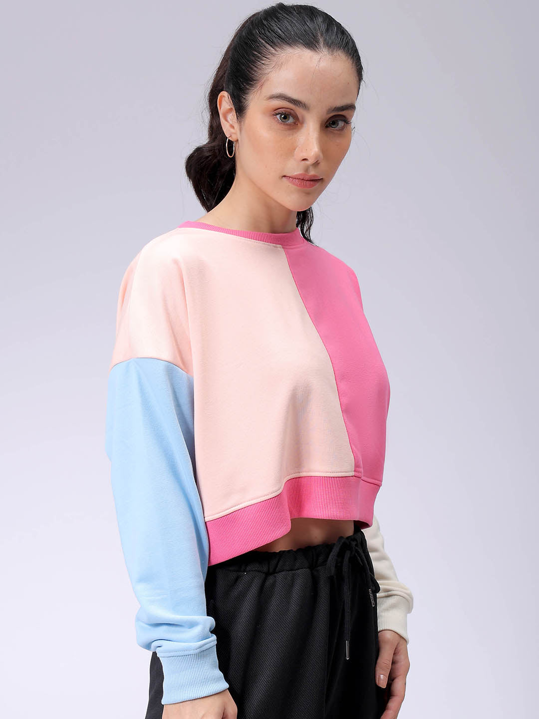 Women's Pink Boxy Fit Colourblocked Cropped Sweatshirt