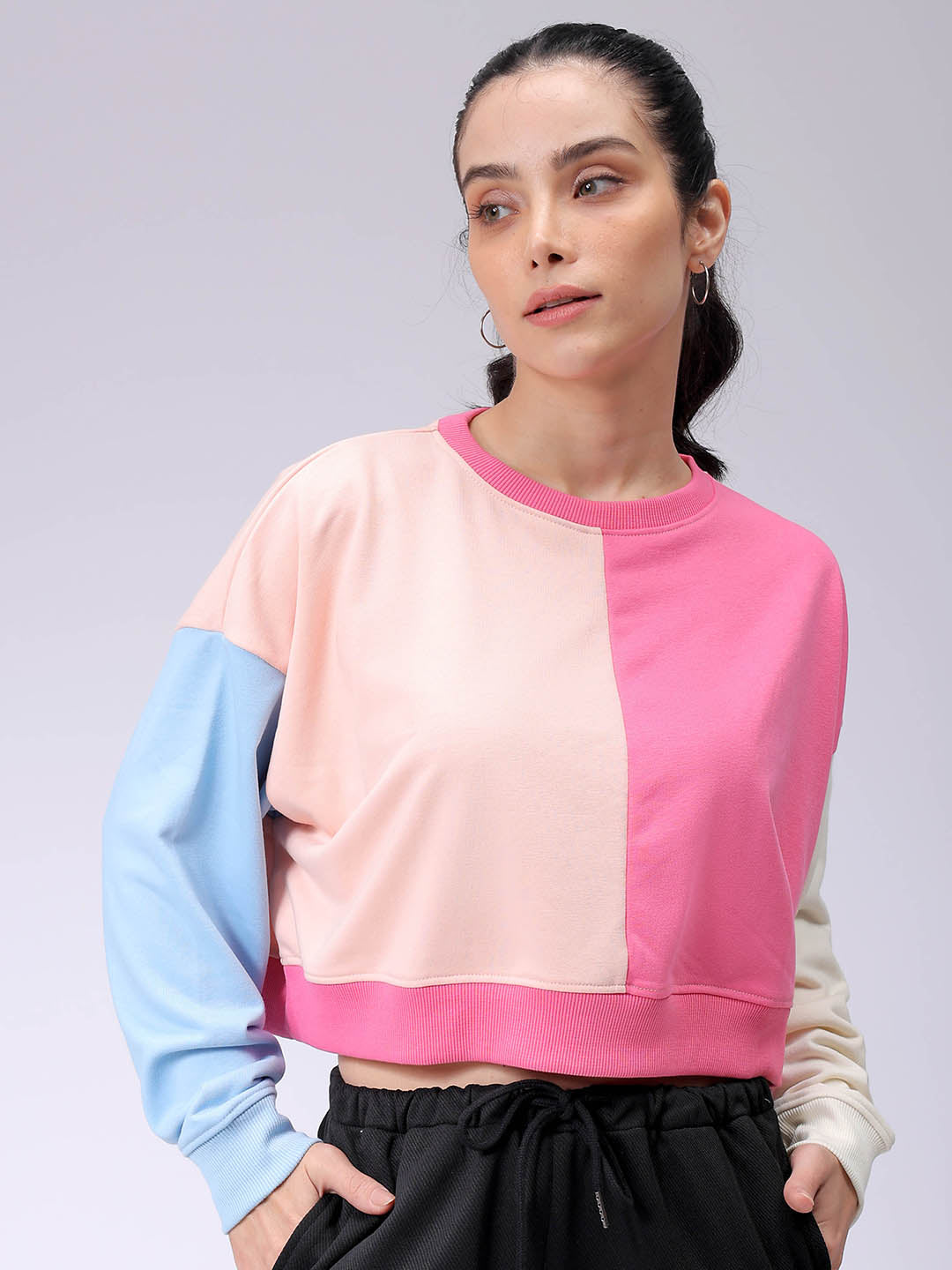 Women's Pink Boxy Fit Colourblocked Cropped Sweatshirt