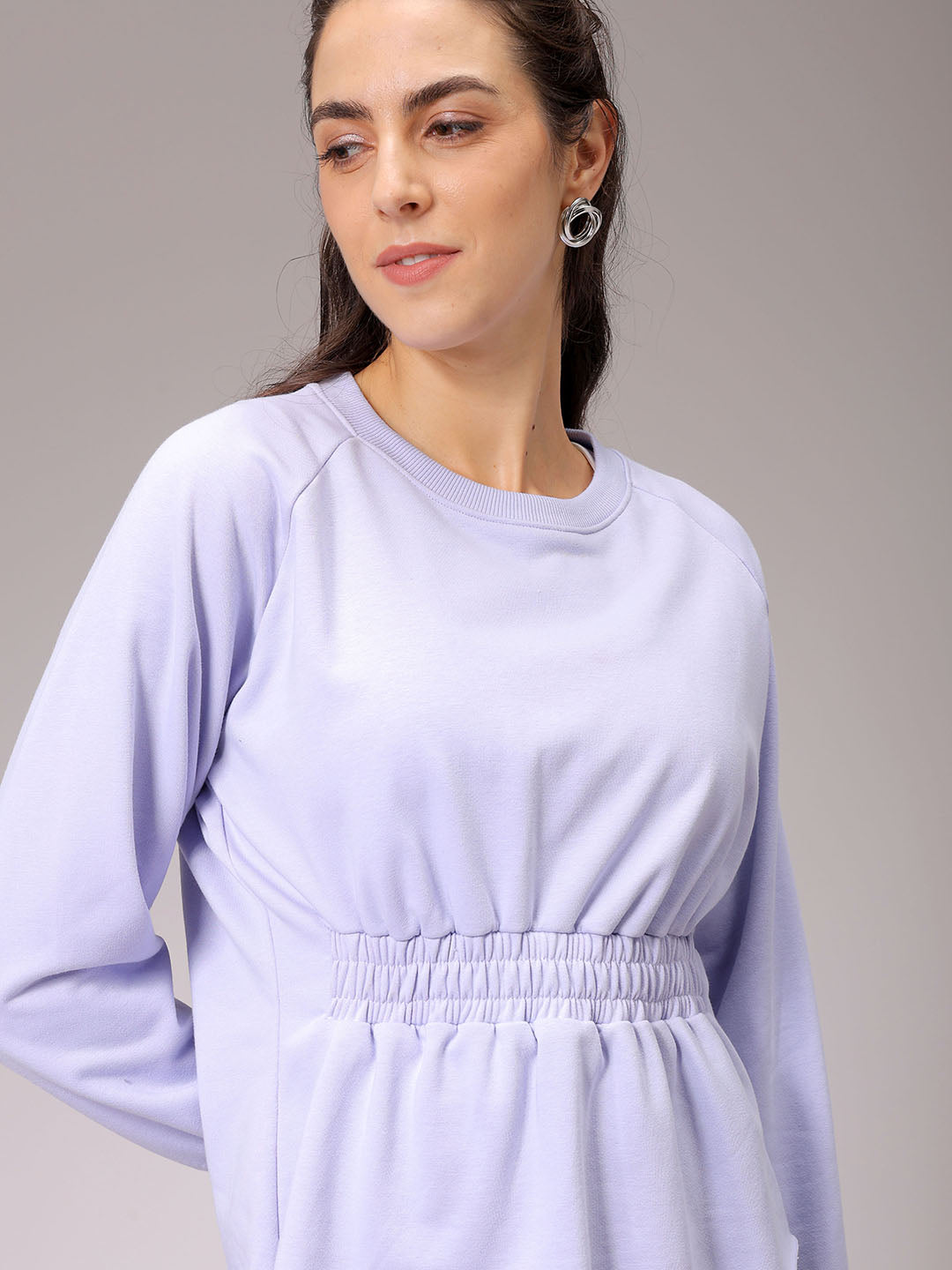 Women's Purple Fit and Flared Solid Regular Shirred Sweatshirt