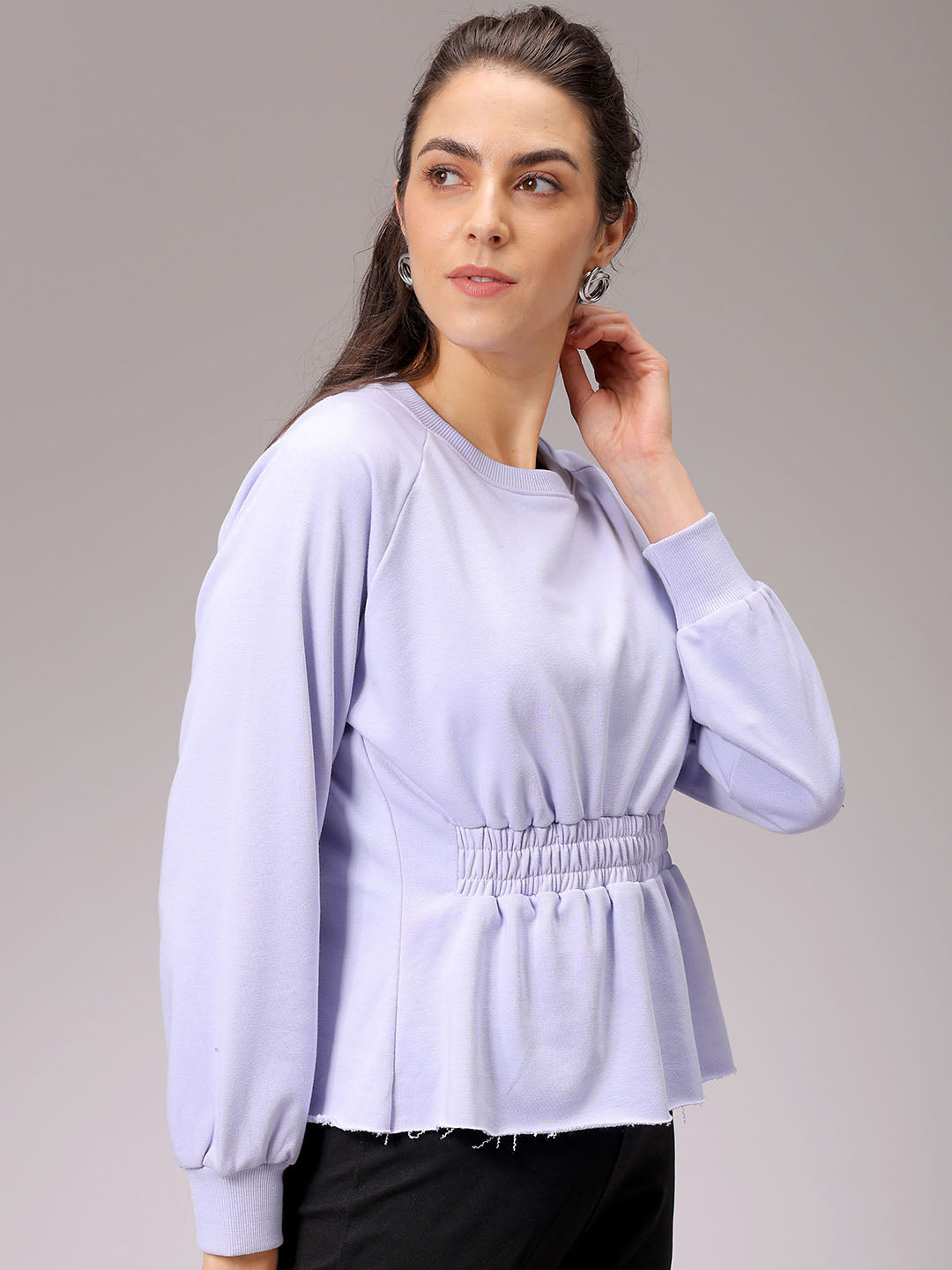 Women's Purple Fit and Flared Solid Regular Shirred Sweatshirt