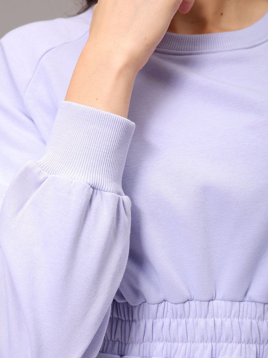 Women's Purple Fit and Flared Solid Regular Shirred Sweatshirt