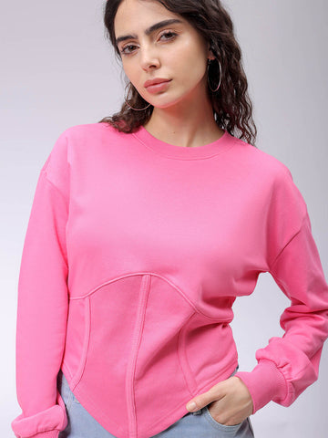 Women's Pink Fitted Solid Corset Sweatshirt