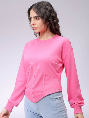 Women's Pink Fitted Solid Corset Sweatshirt