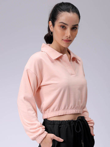 Women's Pink Boxy Fit Solid Cropped Sweatshirt