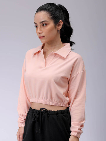 Women's Pink Boxy Fit Solid Cropped Sweatshirt