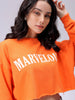 Women's Orange Boxy Fit Typographic Cropped Sweatshirt