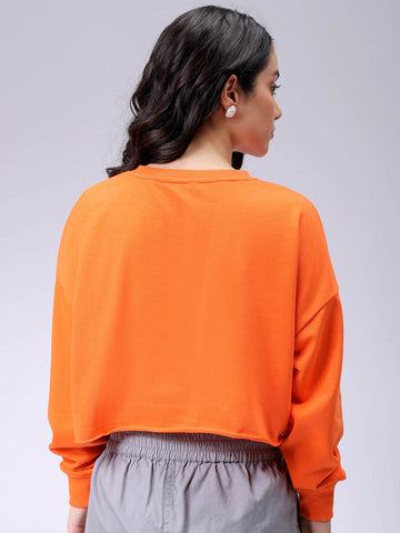 Women's Orange Boxy Fit Typographic Cropped Sweatshirt
